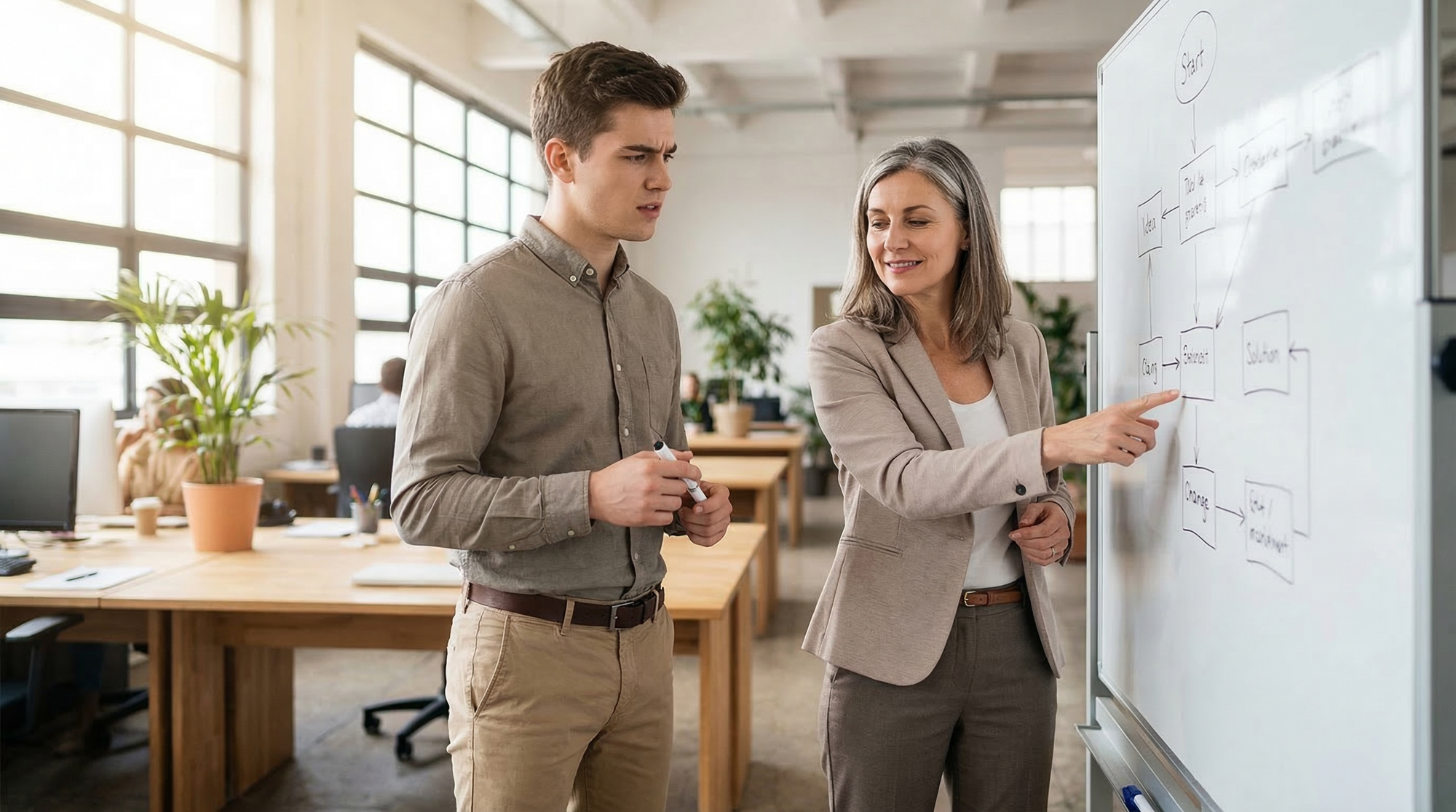 Human mentor supervising an AI agent's work at a whiteboard, illustrating why AI automation requires human oversight in business processes