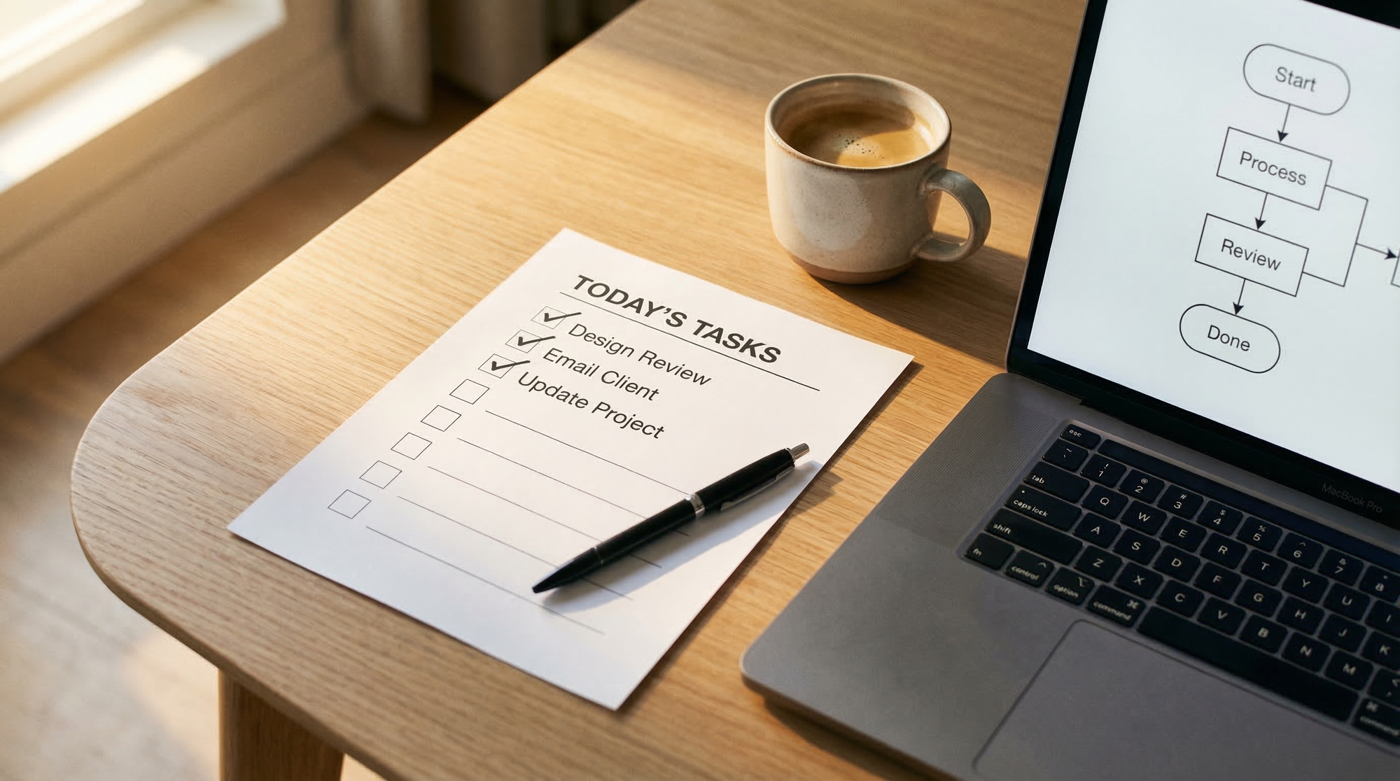 AI process automation readiness checklist on a desk with workflow diagram, showing the 8-point qualification framework for SMB automation