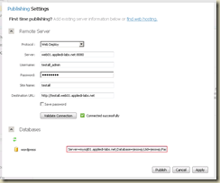 WebMatrix publish validation and deployment screen
