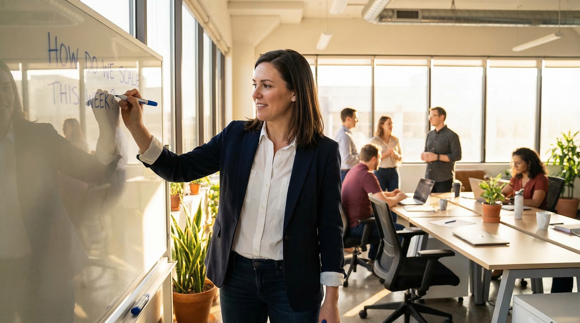 Business leader mapping out a process automation workflow on a whiteboard, preparing to identify the first AI agent deployment candidate