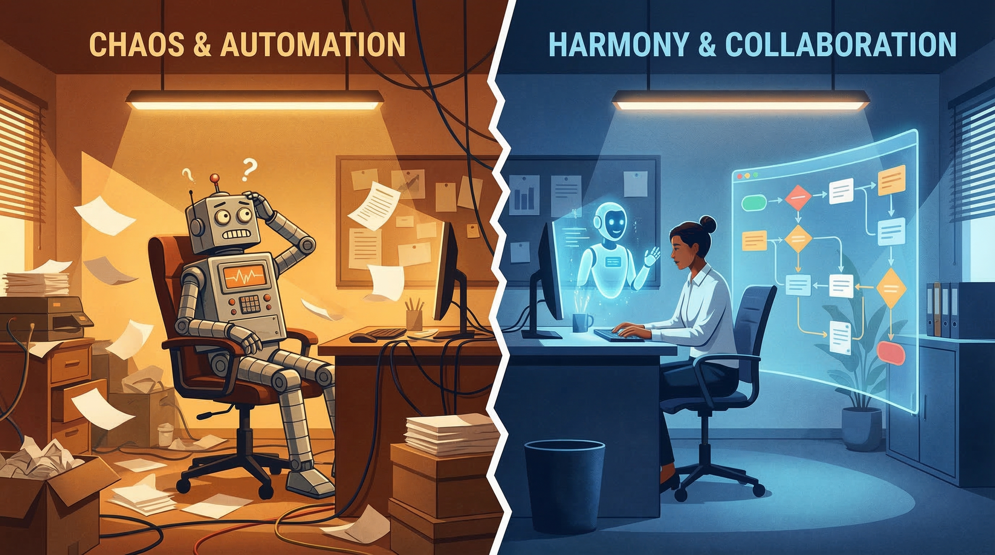 AI agent deployment comparison: replacing workers leads to failed automation, while augmenting employees with AI agents improves business process efficiency