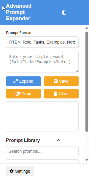 Advanced Prompt Expander interface showing framework selection