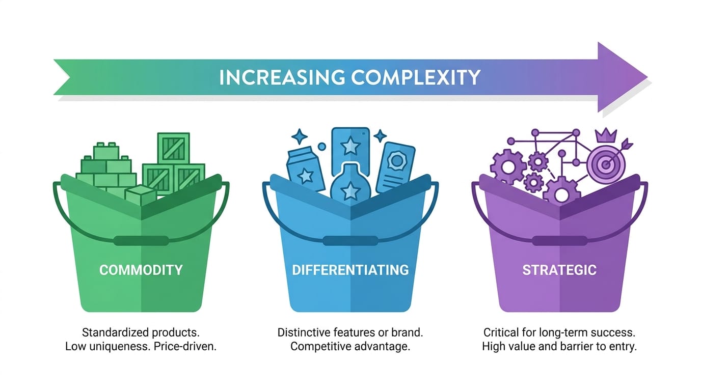 Three categories of cloud services on a spectrum: Commodity, Differentiating, Strategic — left to right with increasing lock-in