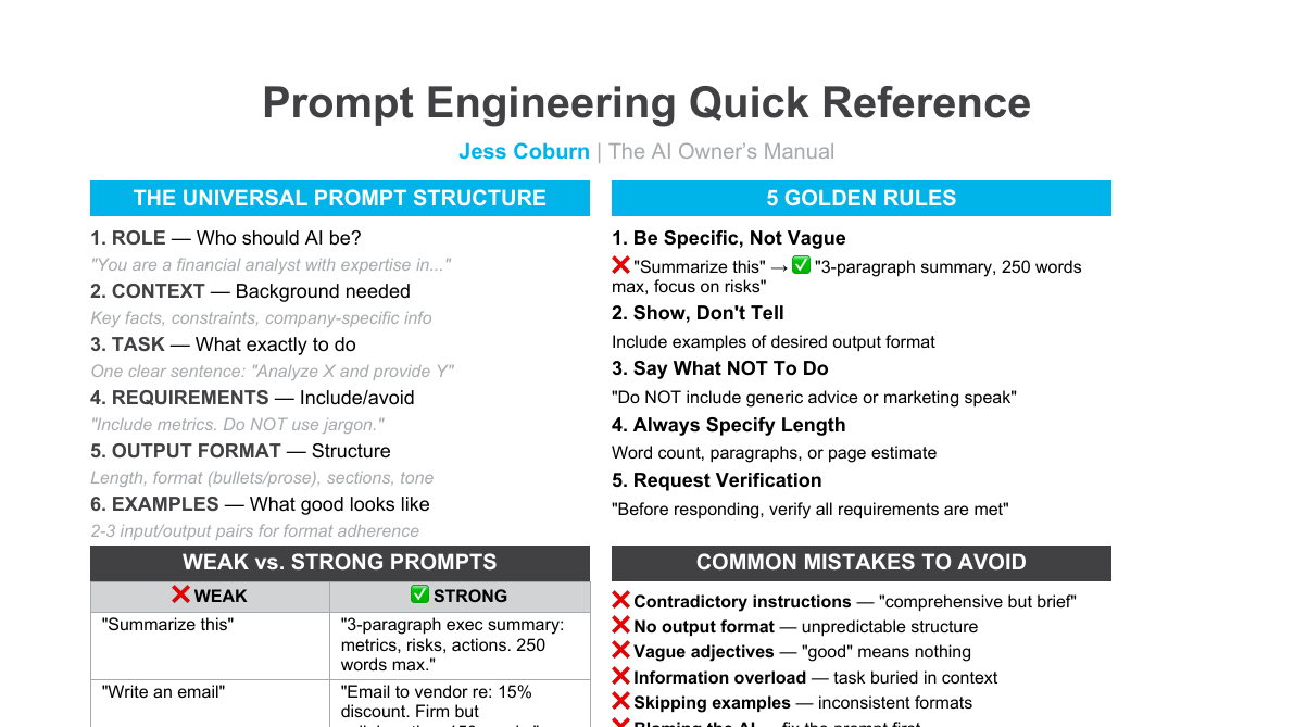 Prompt Engineering Quick Reference | Jess Coburn
