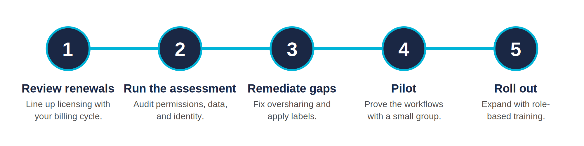 A five-step rollout: review renewals, run the assessment, remediate gaps, pilot, then roll out with training