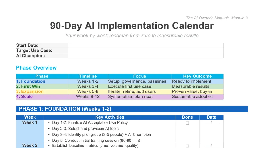 Preview of 90 Day Implementation Calendar