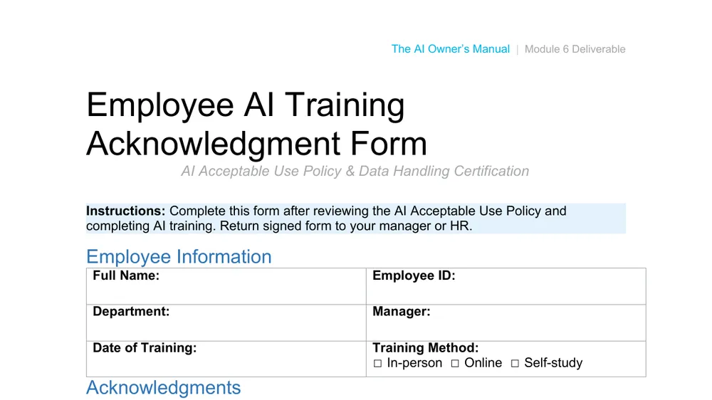 Preview of Employee AI Training Acknowledgment Form