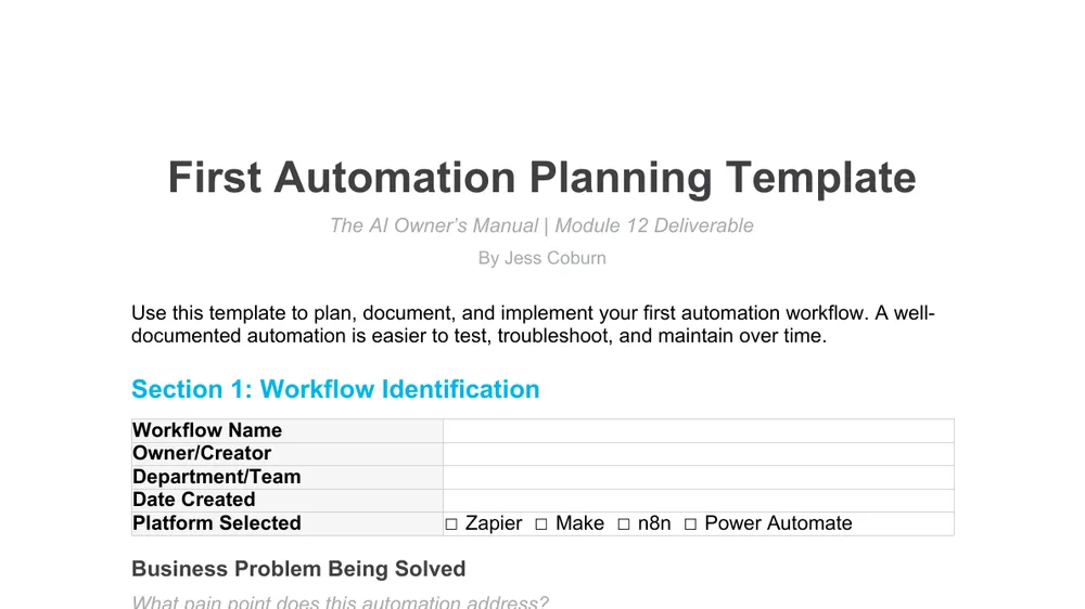 Preview of First Automation Planning Template