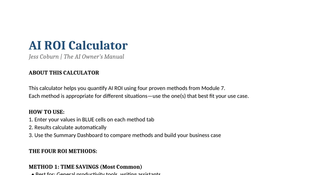 Top of the AI ROI Calculator spreadsheet
