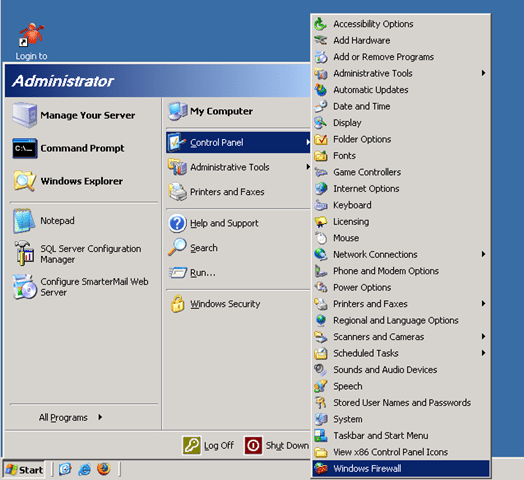 apagar el cortafuegos en el servidor de Windows 2003 interno